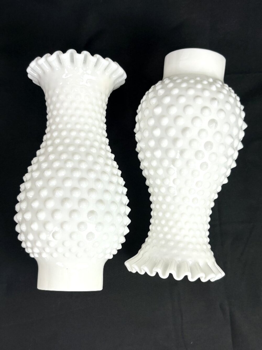 Two Vintage Fenton White Milk Glass Hobnail Lamp Chimney Shade 7.5" Ruffl